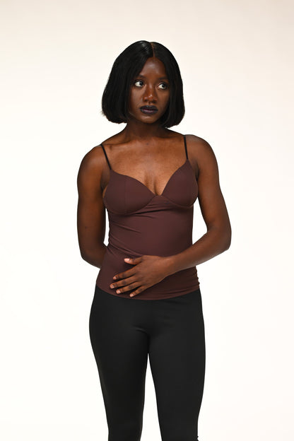 Sop Top Marron Fines Bretelles Sculptant et Bonnets Intégrés